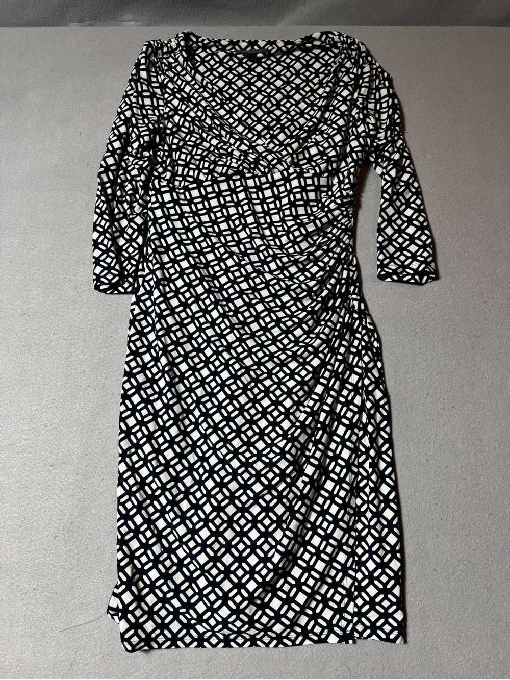 Lauren Ralph Lauren Black & White Geometric Ruched Scoop Midi Dress